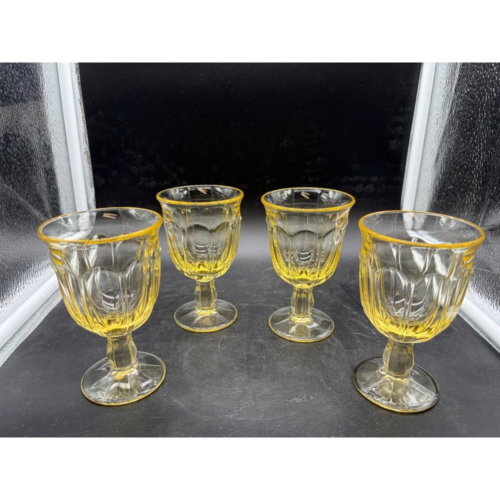 Vintage Yellow Depression Glass Stemmed‎ Goblets Paneled Optic Set of 4 Amber